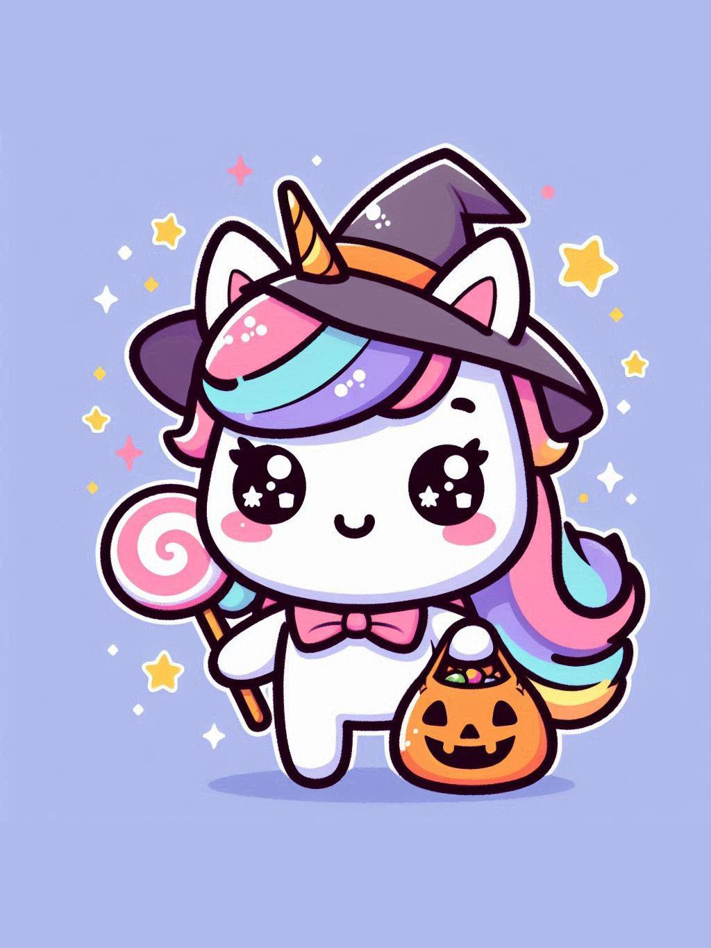 Halloween unicorn illustration ideas featuring a cute unicorn in a witch hat holding a pumpkin basket and lollipop, surrounded by stars on a purple background.